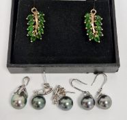 9ct gold, dark grey pearl and white stone pendant, a similar pair of drop earrings set with white