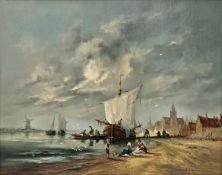 Gudrun Sibbons (b.1925) Oil on canvas Dutch coastal scene with fishing vessel moored, figures on the