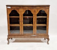 Early 20th century walnut veneer display cabinet comprising a two-door glazed cupboard and a