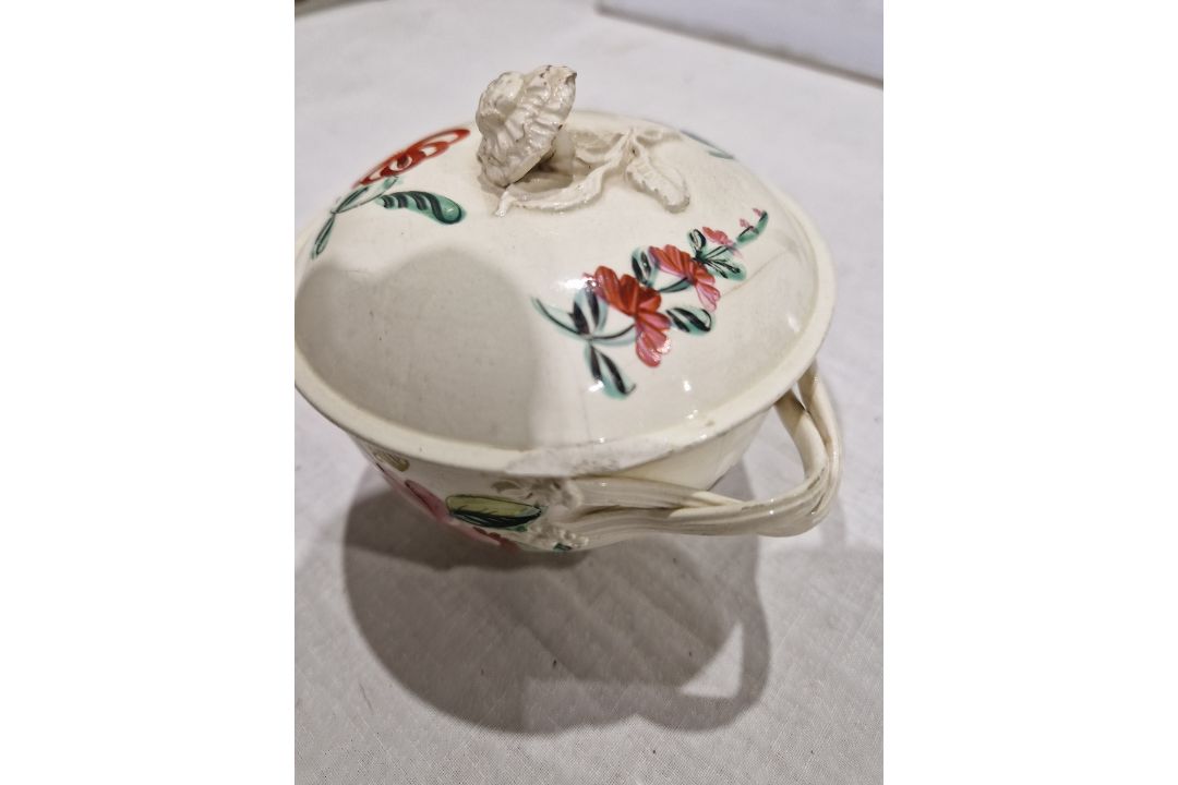 Late 18th century creamware two-handled sugar bowl and cover, perhaps Leeds, painted with rose and - Image 2 of 24