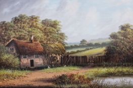 G Cole  Oil on canvas Thatched cottage in landscape, signed lower left, 50cm x 75cm  Pair of oval