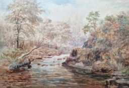 G A Barr (19th century)  Watercolour drawing River landscape, signed and dated 1887, in ornate