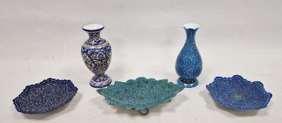 Five Middle Eastern enamelled metal decorative objects to include three shallow dishes and two