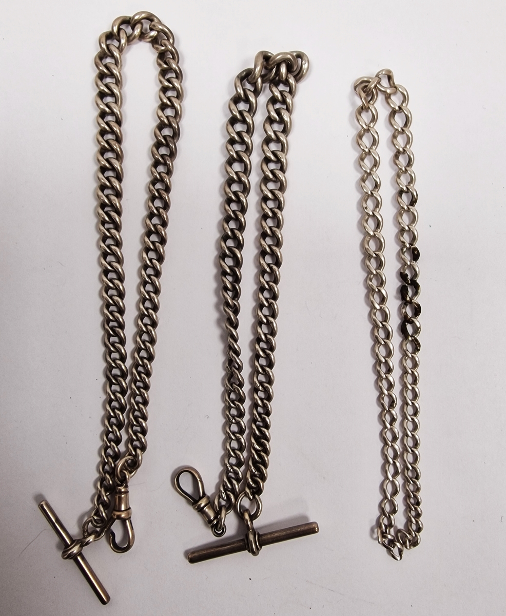 Two silver graduated albert chains with T-bars, 89.7g approx., and another length of graduated - Image 2 of 2