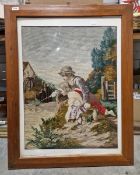 Modern framed tapestry showing an Edwardian scene of two children fishing, within a wooden frame
