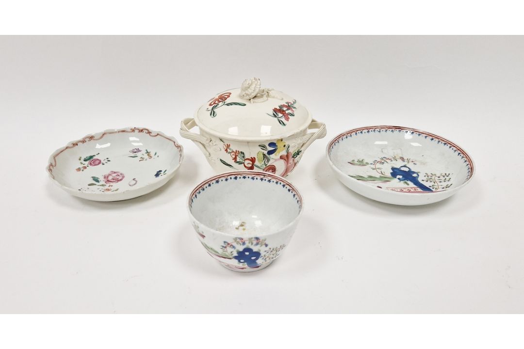 Late 18th century creamware two-handled sugar bowl and cover, perhaps Leeds, painted with rose and - Image 1 of 24