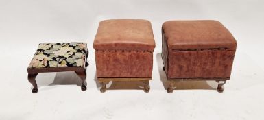 Pair of leatherette upholstered footstools of square form, each with riveted decoration, raised on