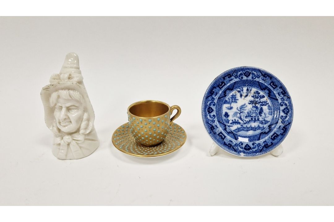 Coalport gilt ground turquoise jewelled miniature cabinet cup and saucer, a Royal Worcester white - Image 1 of 13