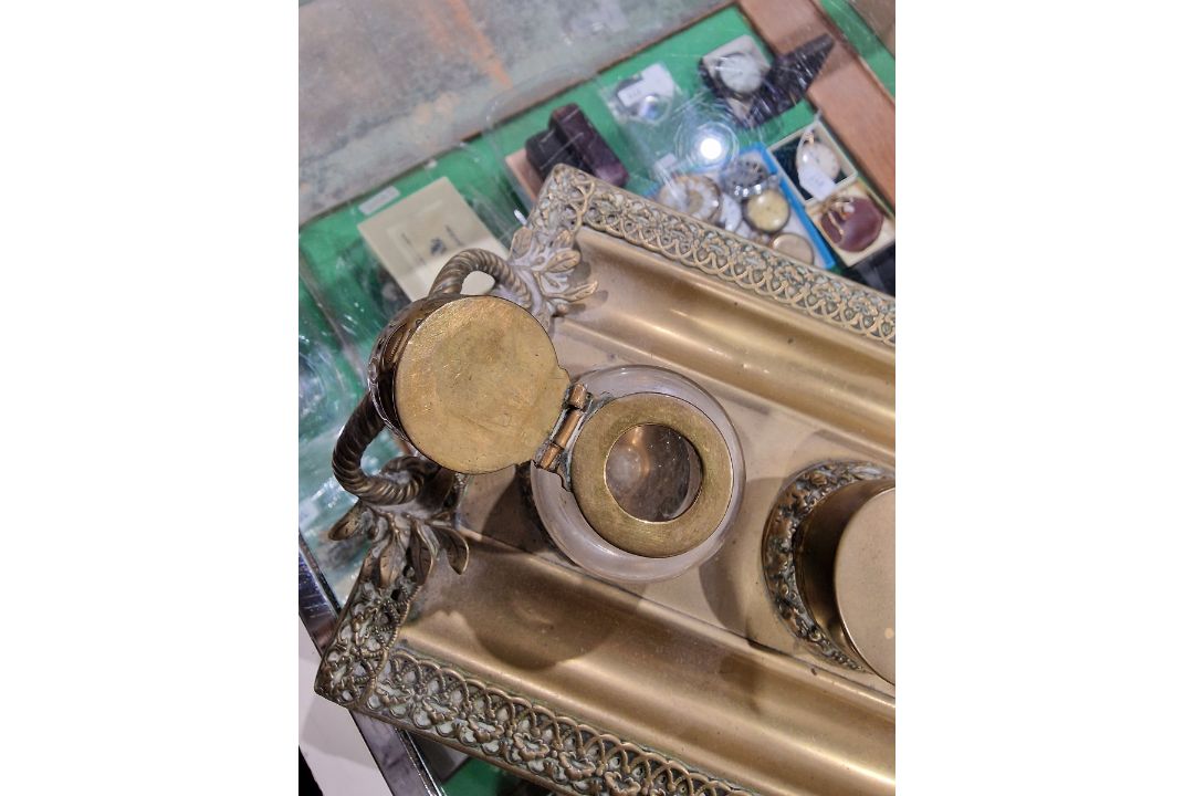 Late Victorian/early Edwardian brass inkstand with two brass-topped glass inkwells, flanked by a - Image 4 of 10