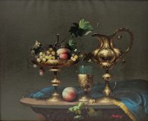 Jozsef Molnar (Hungarian b.1939) Oil on canvas Stil life with ewer, tazza and fruit, signed lower