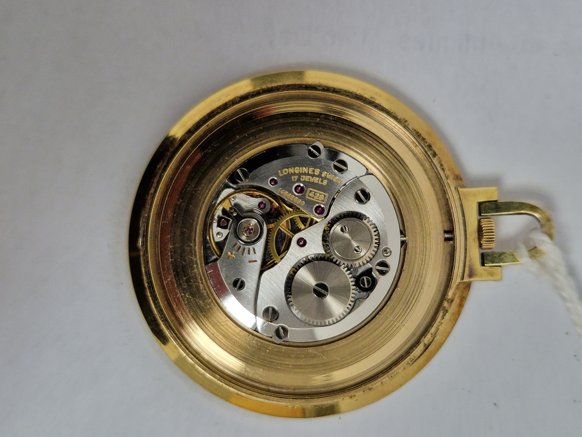 Longines open-face gold-plated pocket watch, the gold coloured circular dial having raised gilt - Image 3 of 5