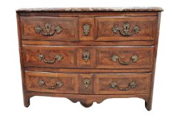 French Louis XV style marble topped bombe kingwood and rosewood commode, surmounted with a rouge