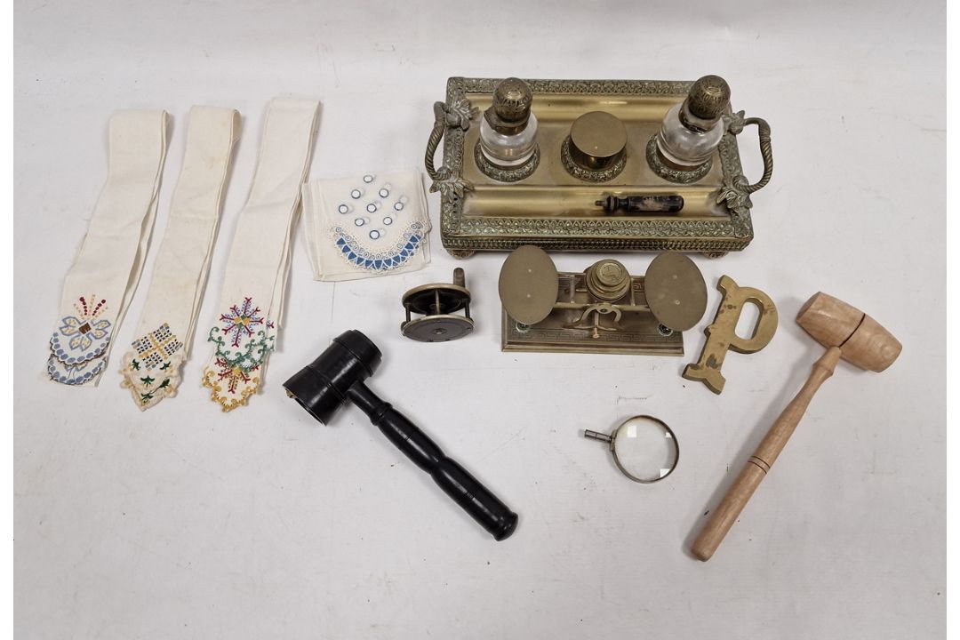Late Victorian/early Edwardian brass inkstand with two brass-topped glass inkwells, flanked by a - Image 2 of 10