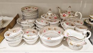 English porcelain rose painted part tea service, circa 1830, painted with pink roses and gilt