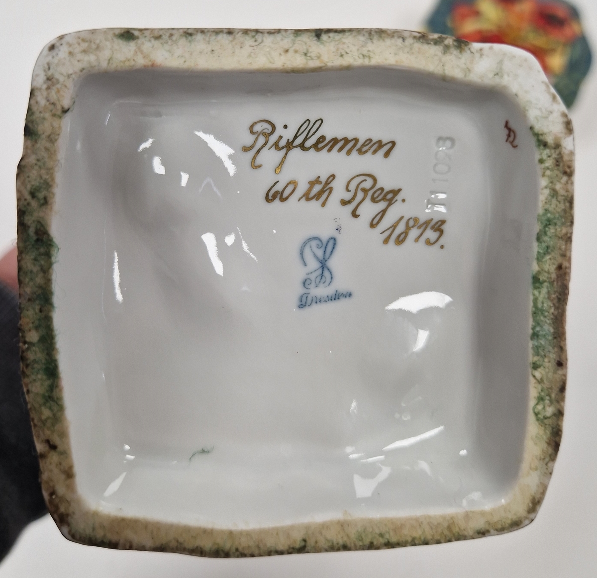 Dresden porcelain figure of a rifleman from the 60th Regiment, circa 1900, printed blue marks, - Image 2 of 9