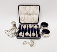 Edwardian silver three-piece condiment set, tulip decorated, Birmingham 1908, a silver caddy spoon