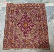 Meshwani purple ground Gazak, with central lozenge shaped trelliswork, multiple geometric borders,