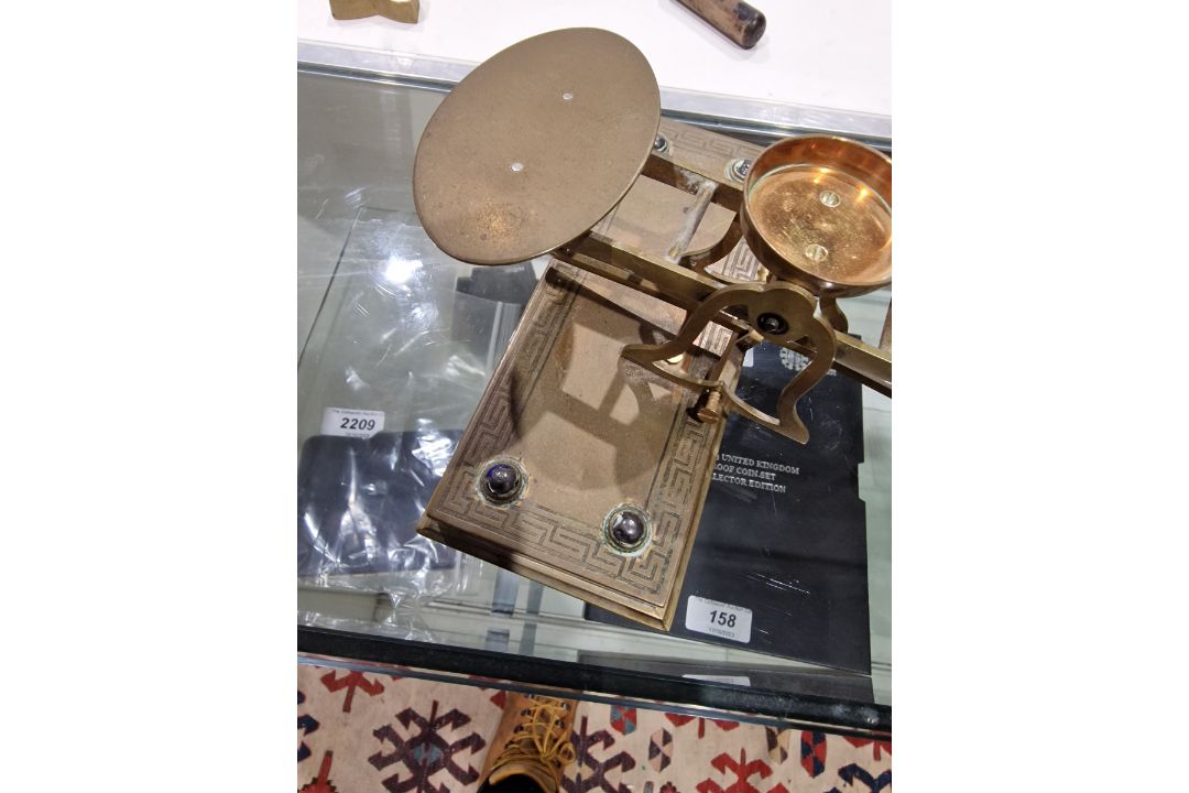Late Victorian/early Edwardian brass inkstand with two brass-topped glass inkwells, flanked by a - Image 10 of 10