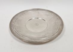 Edgeworth sterling silver shallow dish, circular with foliate and herringbone banding, monogram to