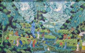 Pany S of Ubud, Bali (21st century)  Gouache drawing  Balinese jungle scene with numerous figures,