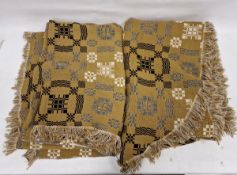 Pair of vintage Welsh wool tapestry blanket bedspreads, with rounded ends, mustard ground with