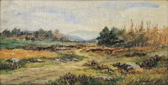 A E Williams  Oil on board Moorland landscape, signed and labelled verso, 19.5cm x 36.5cm