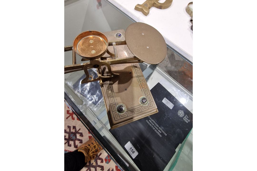 Late Victorian/early Edwardian brass inkstand with two brass-topped glass inkwells, flanked by a - Image 9 of 10