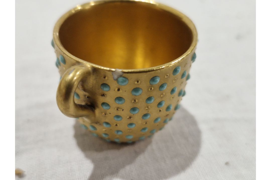 Coalport gilt ground turquoise jewelled miniature cabinet cup and saucer, a Royal Worcester white - Image 10 of 13