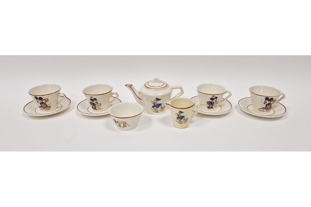 Wade Heathware Walt Disney Mickey Mouse pottery miniature tea set, printed black marks to teapot, - Image 1 of 6