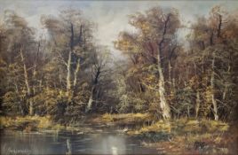 Neogradin (Hungarian, 20th century) Oil on canvas Woodland landscape with view of trees