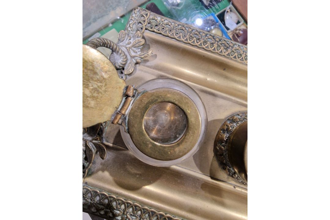 Late Victorian/early Edwardian brass inkstand with two brass-topped glass inkwells, flanked by a - Image 5 of 10