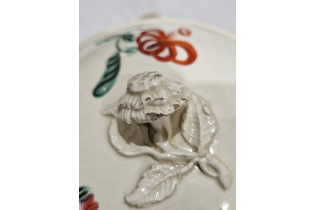 Late 18th century creamware two-handled sugar bowl and cover, perhaps Leeds, painted with rose and - Image 4 of 24