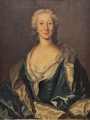 18th century school Oil on canvas Portrait of a young lady wearing blue and white silk dress,
