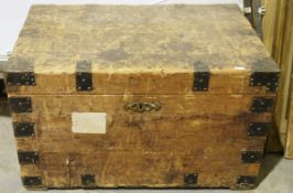 Late 19th/early 20th century metal-bound pine travelling trunk of rectangular form, marked '