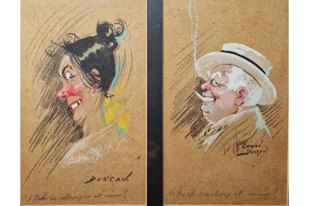 Cowan Duncan (20th century) Watercolour and gouache Six humorous character studies/portraits, - Image 2 of 5