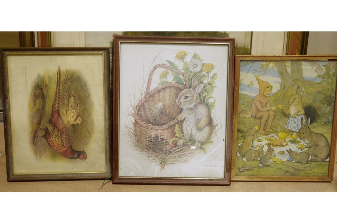 Assorted framed modern tapestries, a picture frame, various framed prints, a watercolour of a rustic - Image 3 of 9