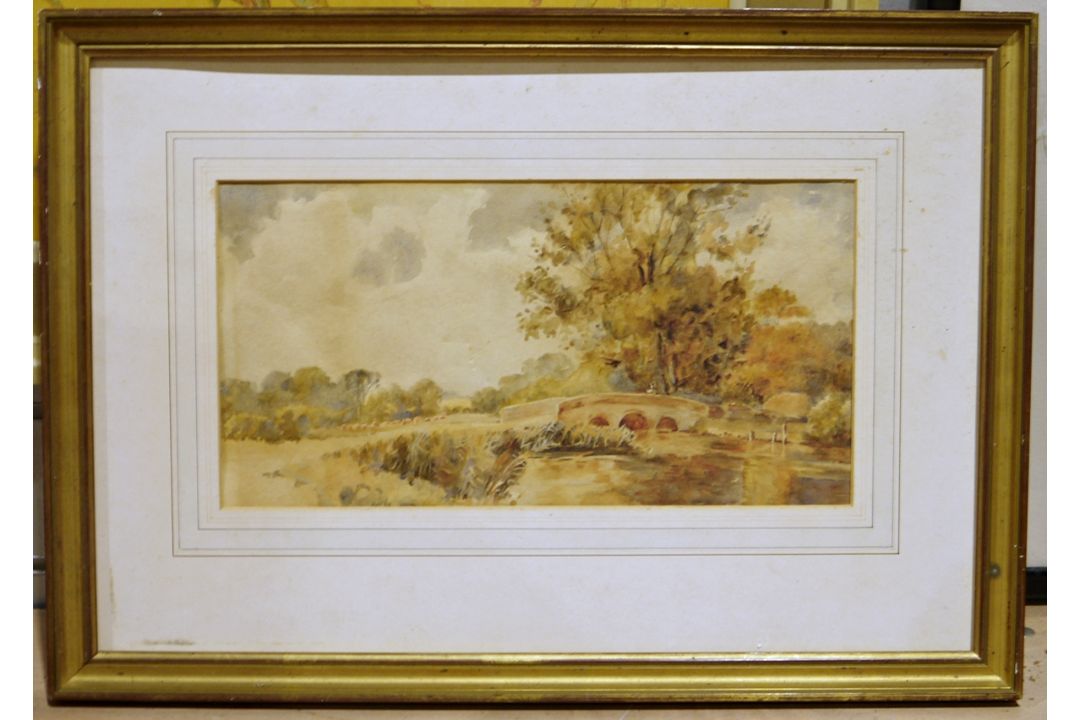 Assorted framed modern tapestries, a picture frame, various framed prints, a watercolour of a rustic - Image 1 of 9