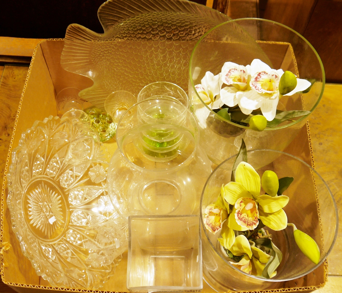Cut glass bowl with floral decoration, a glass dish in the shape of a fish, a set of three early