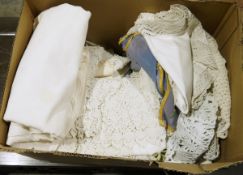 Damask tablecloth and assorted table linen, mainly crocheted and printed (1 box)