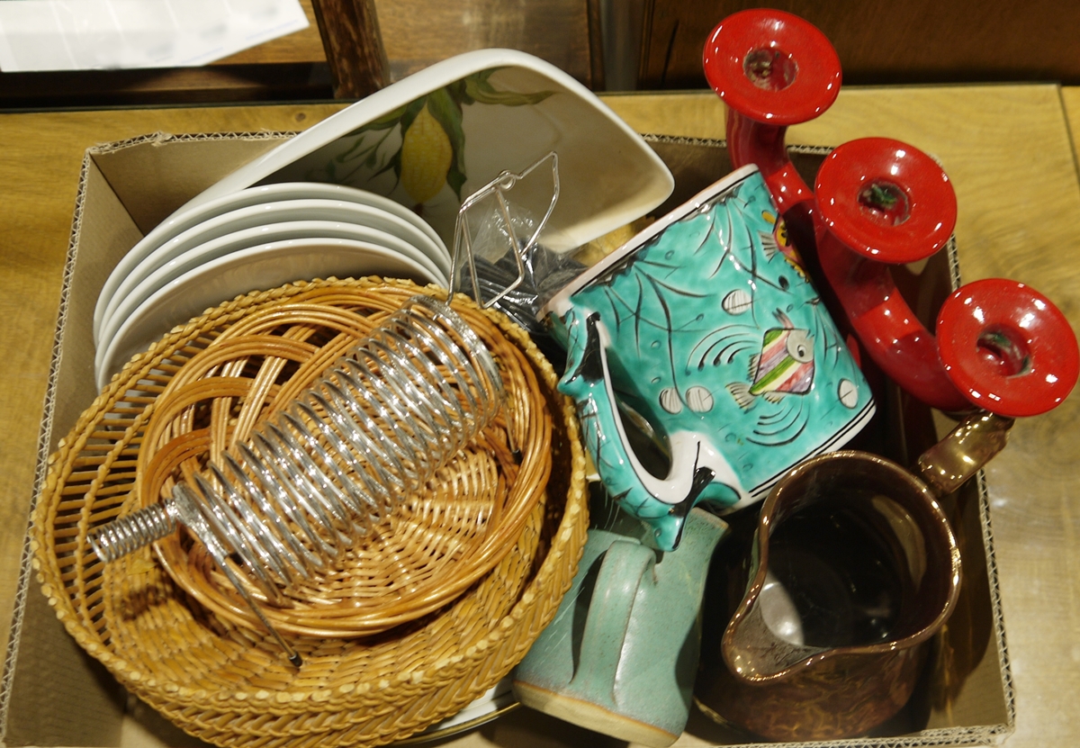 Rumtopf earthenware flagon, carved African ornaments, assorted ceramics, a pair of Crane exercise - Image 2 of 3