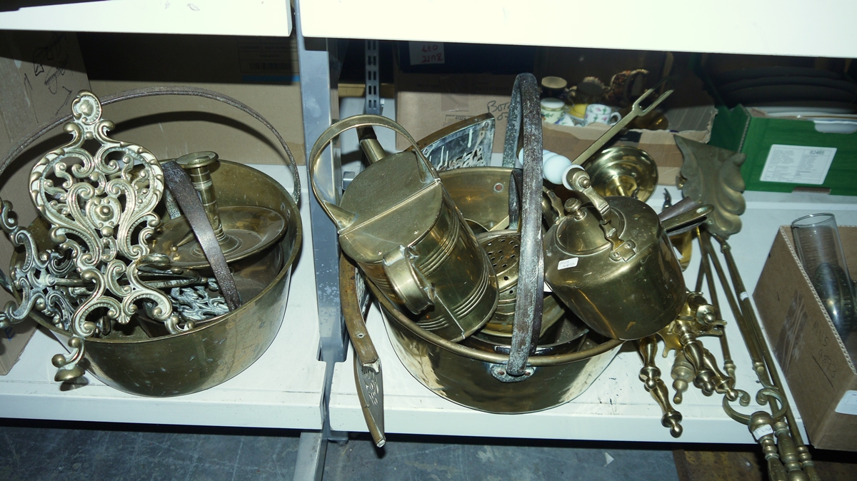 Two brass companion sets and two paraffin lamps with chimneys (1 box plus) - Image 2 of 2