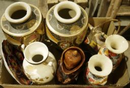 Four boxes of assorted items including vintage clocks, oriental-style ceramics, fireside companion