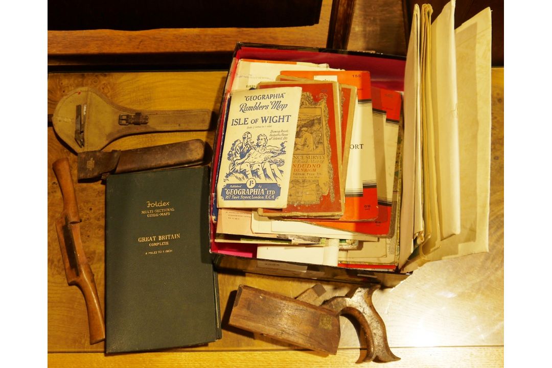 Vernier calliper within a canvas case, a slide rule, a Foldex multi-sectional map Great Britain