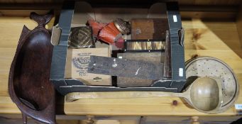 Quantity of carved wooden boxes, a box made with porcupine quills, Tunbridgeware, copper saucepan