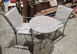 Grey marble topped, metal based , circular garden table ( 70 cms diam) with a pair of aluminium grey