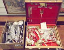 Two wire wine bottle holders, pewter tankards, a canteen of fish knives and forks labelled 'Royal