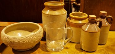 Earthenware kilner jars, two flagons, a glass water jug and a ceramic planter (1 box)