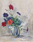 Helen McVickar Oil on board Still life of petunias in a vase, signed lower right, 50cm x 38cm,