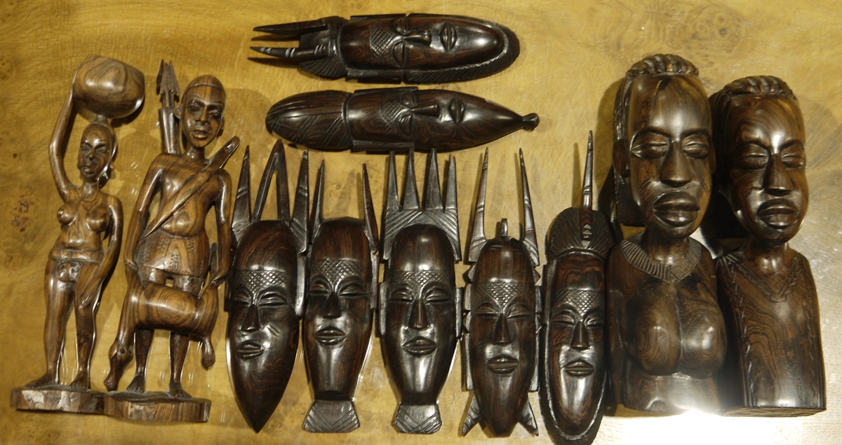 Rumtopf earthenware flagon, carved African ornaments, assorted ceramics, a pair of Crane exercise