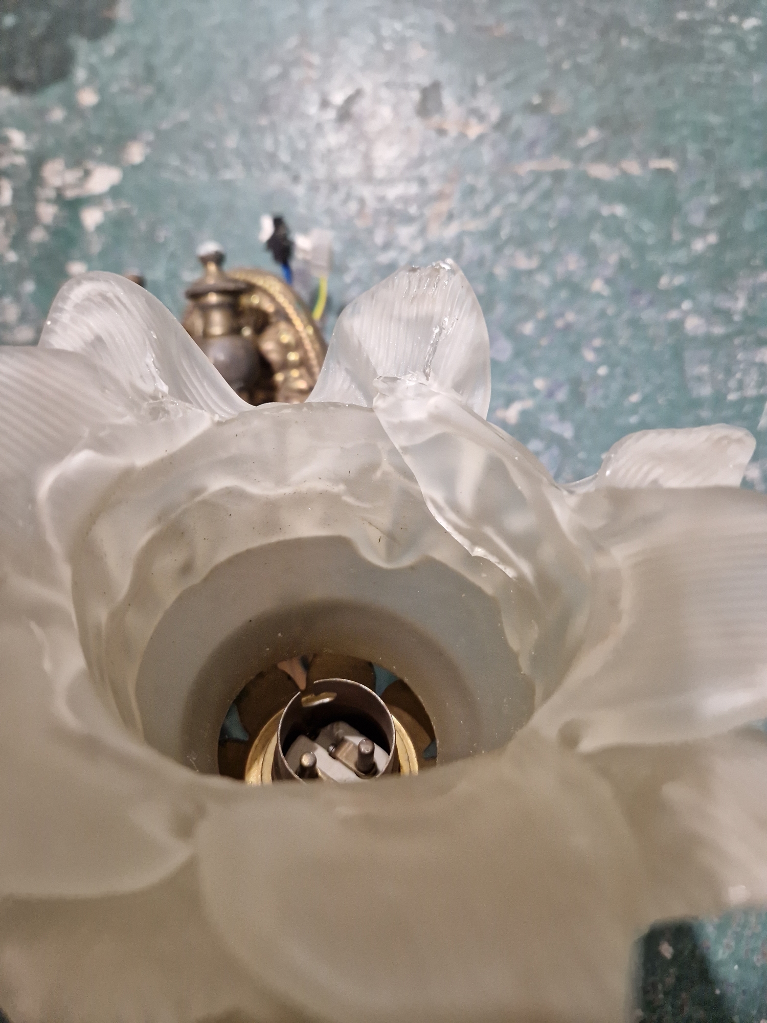 Group of gilt-metal and opaque glass wall lights, each with frosted glass petal-shaped sconces - Image 10 of 13